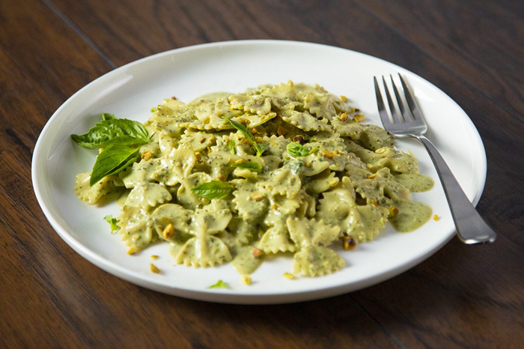 Bowties with Sour Cream Pistachio Basil Pesto Image