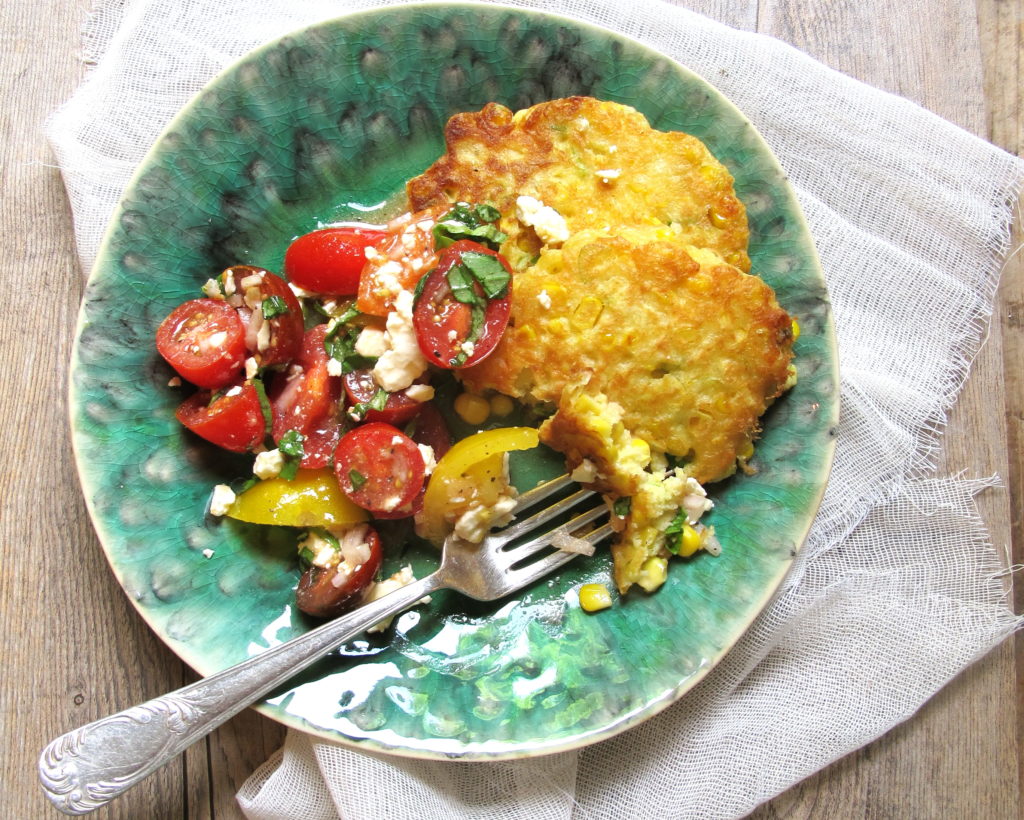 Sweet Corn Fritters with Tomato and Feta Salad