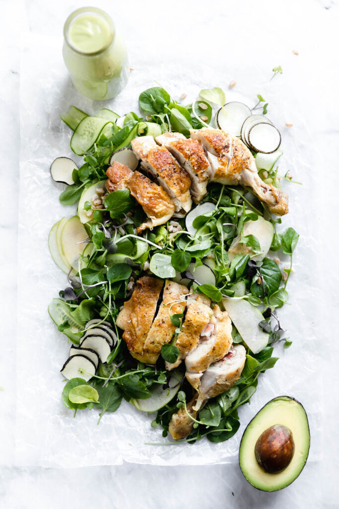 Watercress, Apple, and Farro Green Chicken Salad with Creamy Avocado Dressing Image