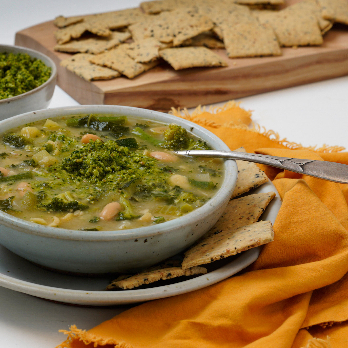 Creamy Green Minestrone with Black Sesame Almond Crackers